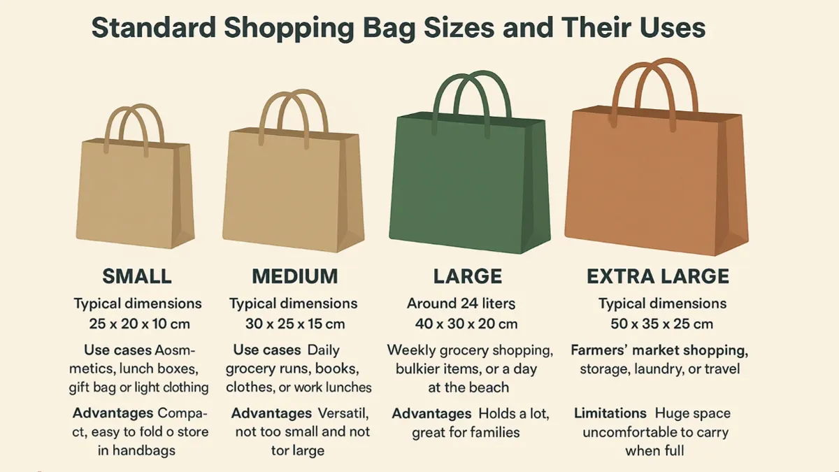 standard shopping bag sizes and their uses